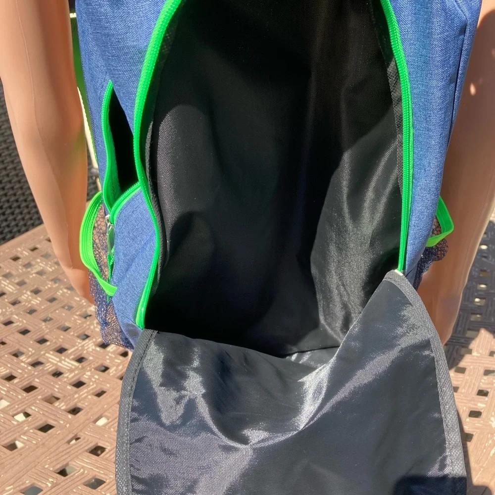 Navy Heather Backpack with Green Trim and Side Pockets New